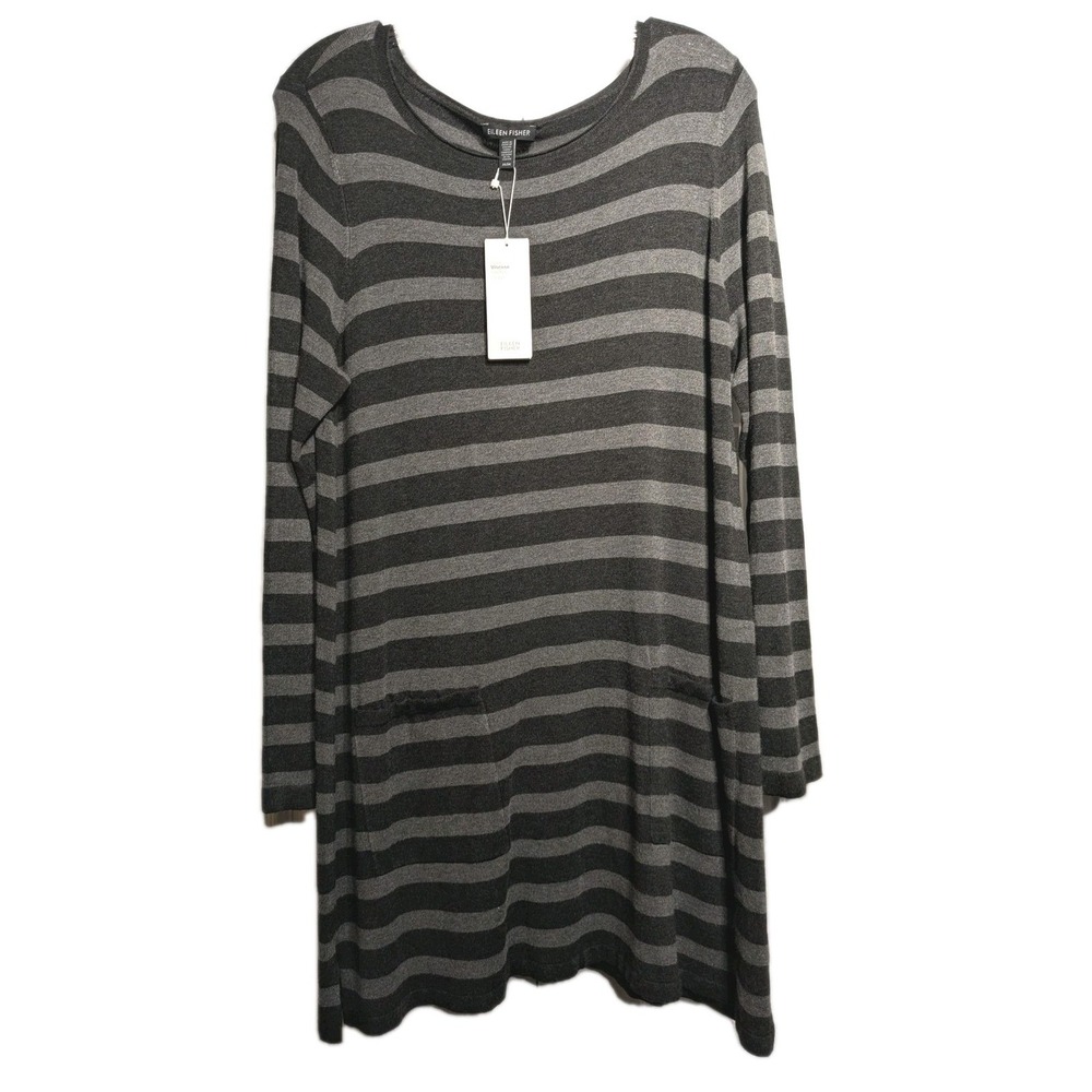 Eileen Fisher Sweater Tunic Women M Gray Bateau Neck Stripe Pockets Viscose NWT